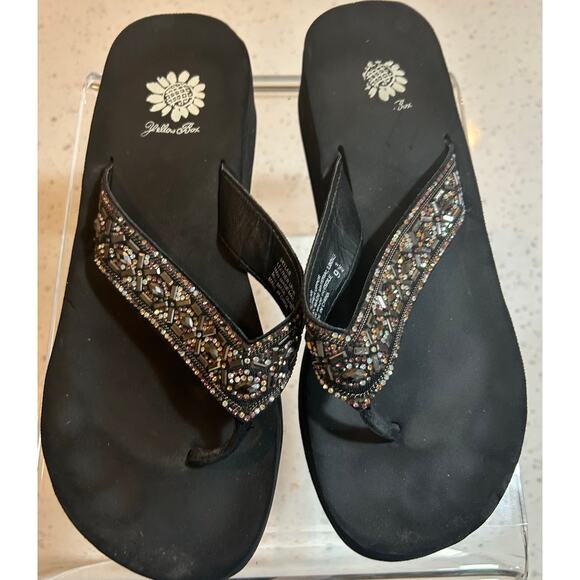 Yellow Box Beaded Leather Flip Flops - Black Sparkle - 9.5 - Picture 1 of 5